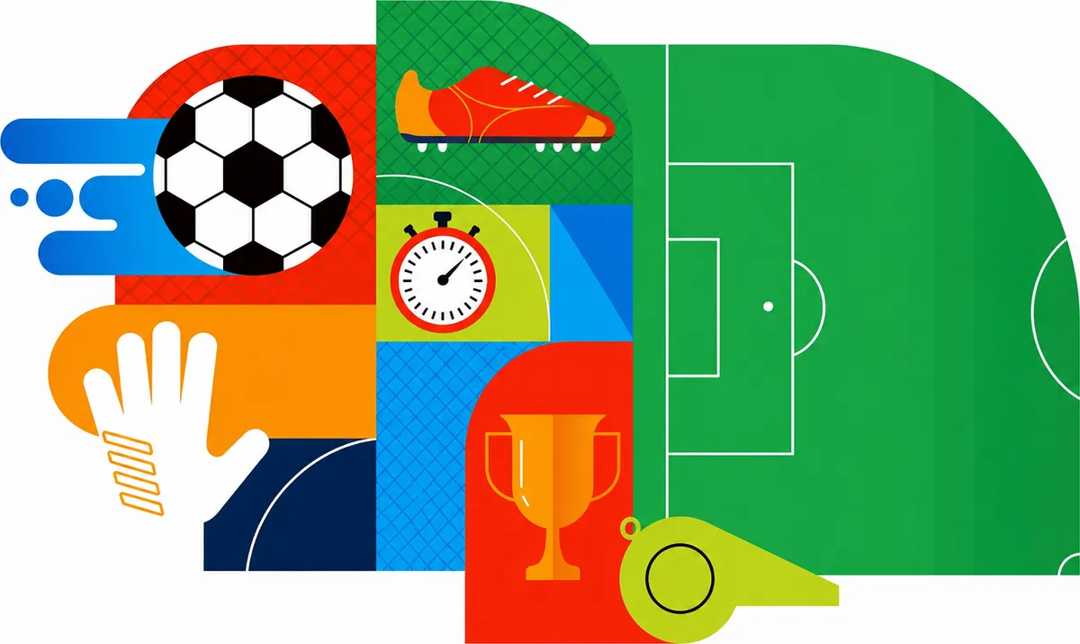 Fußball, Schuh, Pokal, Stoppuhr und Pfeife — alles für deinen Spieltag